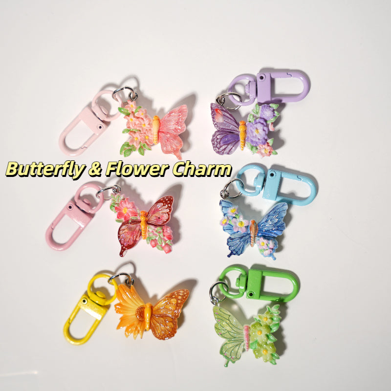 Butterfly & Flower Charm — Keychain & Bag Charm, Pairs with Custom Letter Lanyard