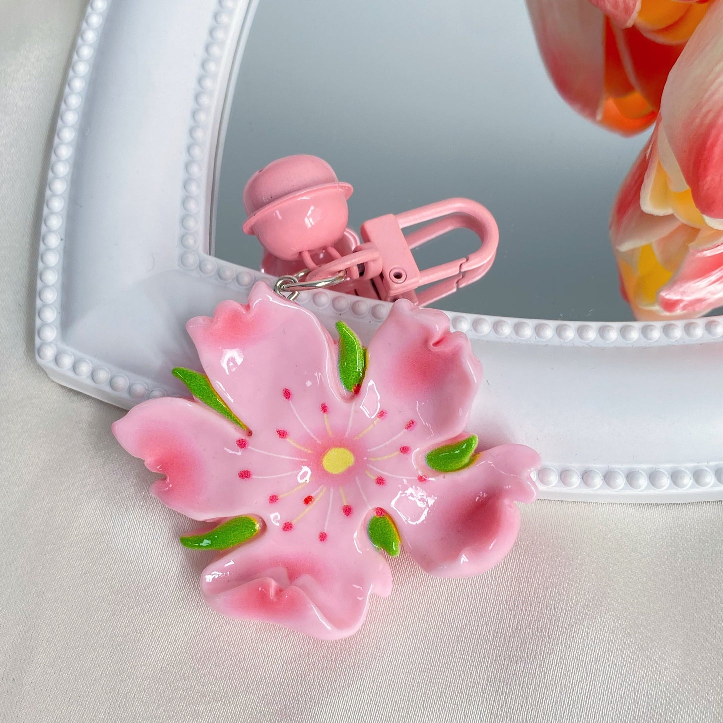 Pink Peach Blossom Charm — Keychain & Bag Charm, Pairs with Custom Letter Lanyard