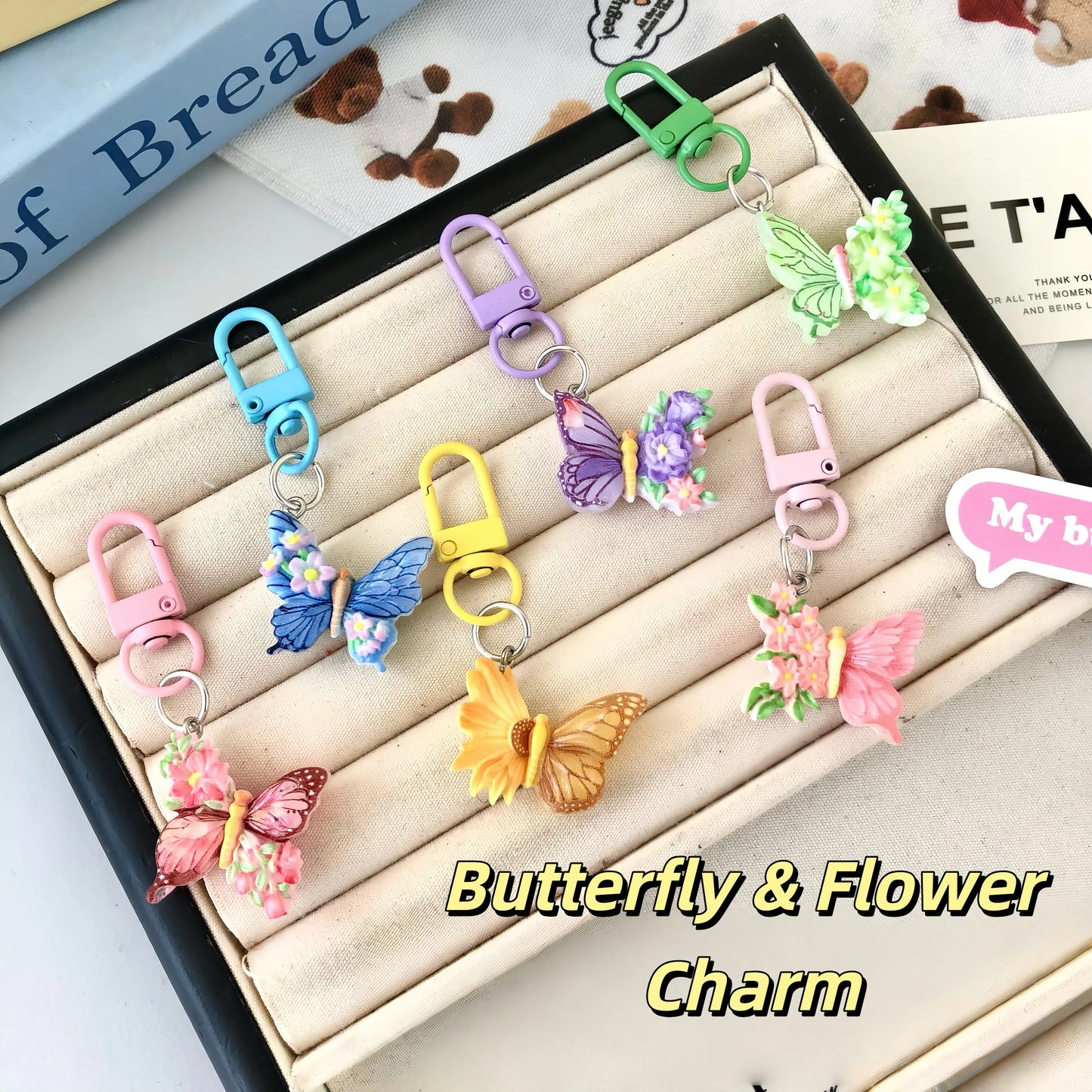 Butterfly & Flower Charm — Keychain & Bag Charm, Pairs with Custom Letter Lanyard