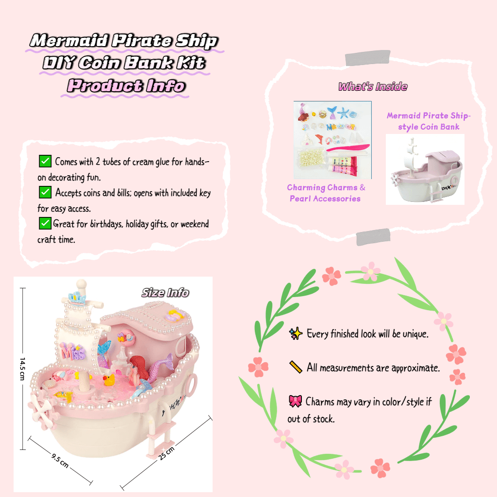 Mermaid Pirate Ship DIY Coin Bank Kit – With Cream Glue & Charms