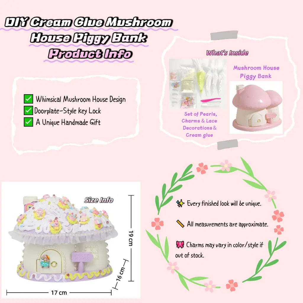 DIY Cream Glue Mushroom House Piggy Bank – Creative Craft Kit with Charms & Lace